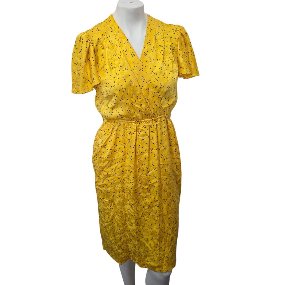 Vintage Liz Claiborne Dress 4P‎ 100% Silk Yellow Wrap Midi 80s Secretary Party